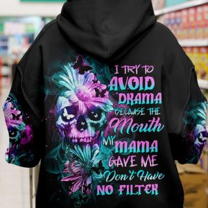 I TRY TO AVOID DRAMA DAISY SKULL ALL OVER PRINT HOODIE 1