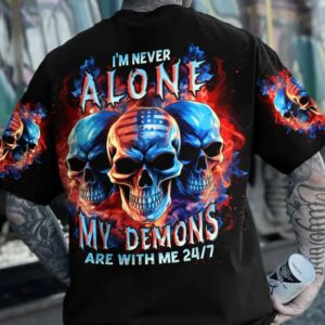 IM NEVER ALONE 3 SKULLS FLAG ALL OVER PRINT T SHIRT