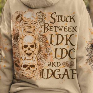 STUCK BETWEEN IDK IDC AND IDGAF SUNFLOWER SKULL ALL OVER 2