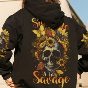 A LITTLE SUNSHINE A LITTLE SAVAGE SKULL SUNFLOWER ALL OVER PRINT HOODIE