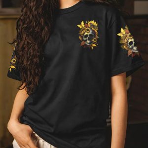 A LITTLE SUNSHINE A LITTLE SAVAGE SKULL SUNFLOWER ALL OVER PRINT T SHIRT