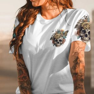 ATTENTION I AM OUT OF ORDER VINTAGE FLOWER SKULL ALL OVER PRINT T SHIRT