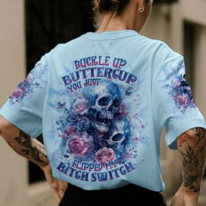 BUCKLE UP BUTTERCUP FLOWER SKULL ALL OVER PRINT T SHIRT