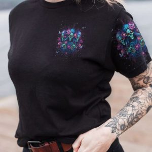 STUCK BETWEEN IDK IDC AND IDGAF 3 SKULLS ALL OVER PRINT T SHIRT
