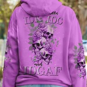 STUCK BETWEEN IDK IDC AND IDGAF SKULL PURPLE ALL OVER PRINT HOODIE
