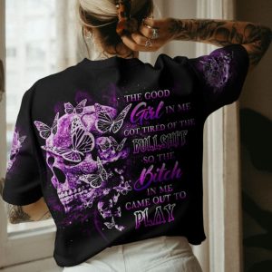 THE GOOD GIRL IN ME GOT TIRED SKULL ROSE ALL OVER PRINT T SHIRT