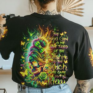 THE GOOD GIRL IN ME NEON ROSE SKULL MESSY BUN ALL OVER PRINT T SHIRT