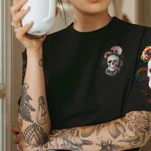 THE GOOD GIRL IN ME PINK ROSE SKULLS ALL OVER PRINT T  SHIRT