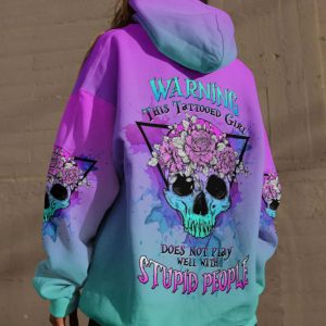 WARNING THIS TATTOOED GIRL FLORAL SKULL ALL OVER PRINT HOODIE