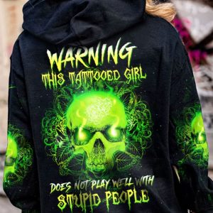 WARNING THIS TATTOOED GIRL GREEN SKULL ALL OVER PRINT HOODIE