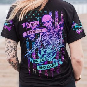 STUCK BETWEEN IDK IDC AND IDGAF SKELETON ALL OVER PRINT T SHIRT