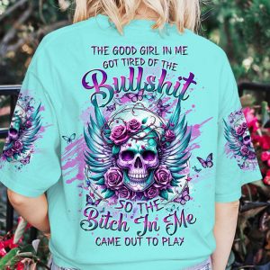 THE GOOD GIRL IN ME SKULL ROSE WINGS ALL OVER PRINT