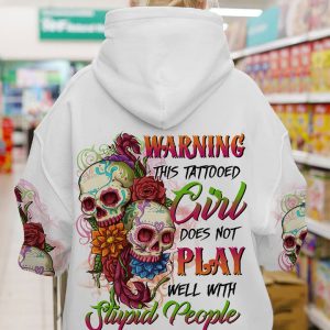 WARNING THIS TATTOOED GIRL SUGAR SKULL FLOWER ALL OVER PRINT