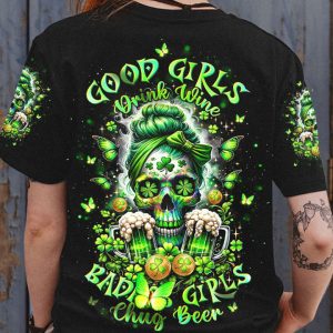 B GIRLS CHUG BEER MESSY BUN SKULL PATRICK'S DAY ALL OVER PRINT