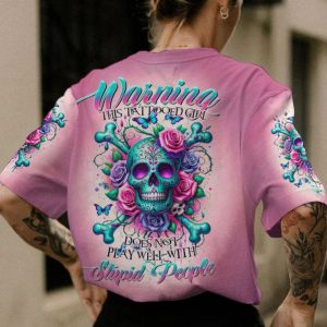 WARNING THIS TATTOOED GIRL SUGAR SKULL BONES ALL OVER PRINT T SHIRT