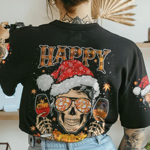 HAPPY HALLOTHANKSMAS MESSY BUN ALL OVER PRINT T SHIRT