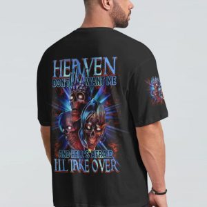 HEAVEN DON'T WANT ME 3 SKULLS ALL OVER PRINT T SHIRT
