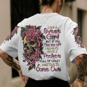  I AM A SWEET GIRL FLOWER SKULL ALL OVER PRINT T SHIRT