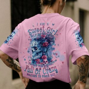 I AM A SWEET GIRL MESSY BUN SKULL ALL OVER PRINT T SHIRT