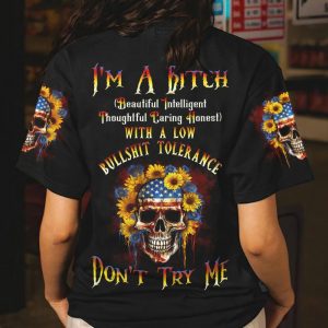  I'M A B DON'T TRY ME SUNFLOWER SKULL FLAG ALL OVER PRINT T SHIRT
