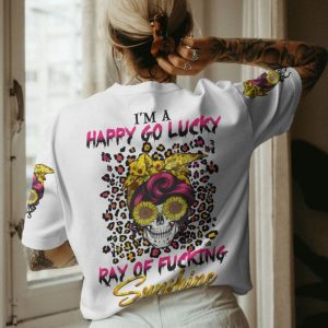  I'M A HAPPY GO LUCKY SUNFLOWER SKULL ALL OVER PRINT T SHIRT
