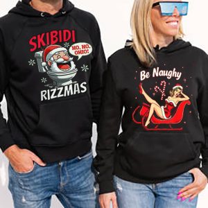 Woman and man wearing black hoodies, mockup for hoody sweatshirt design