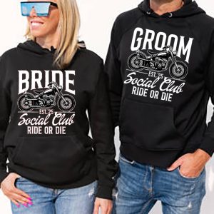 Woman and man wearing black hoodies, mockup for hoody sweatshirt design