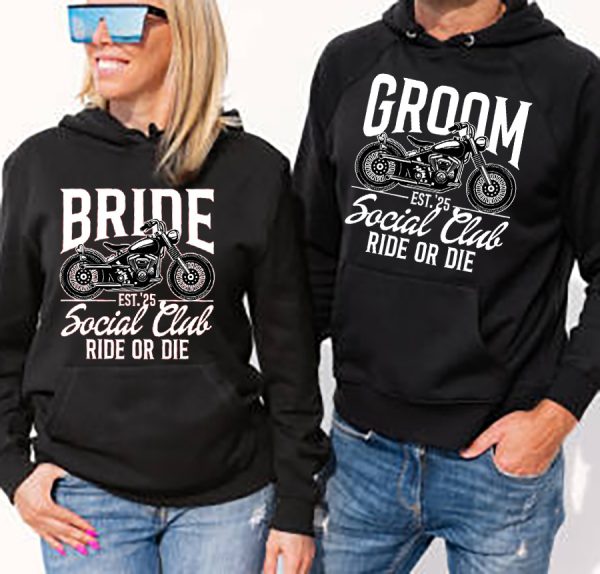 Woman and man wearing black hoodies, mockup for hoody sweatshirt design